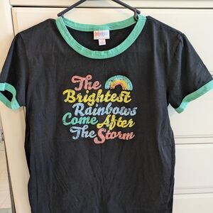 LuLaRoe Black Tee with Mint Trim and Multicolor Rainbow Slogan